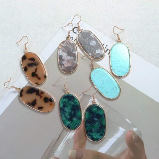 4Pairs Oval Acrylic Dangle Earrings For Women Lightweight Leopard Blue Green Shell Beige Mottled Resin Statement Oval Drop Earrings Set